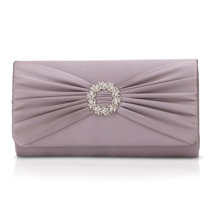 Perfect Bridal Harlow Taupe Satin Pearl Brooch Clutch Bag