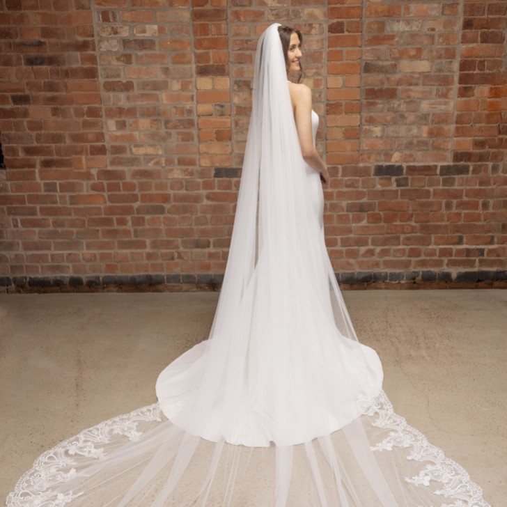 Perfect Bridal Ivory Single Tier Cathedral Veil with Lace Train
