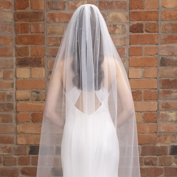 Perfect Bridal Ivory Single Tier Cut Edge Scattered Crystal Waltz Length Veil