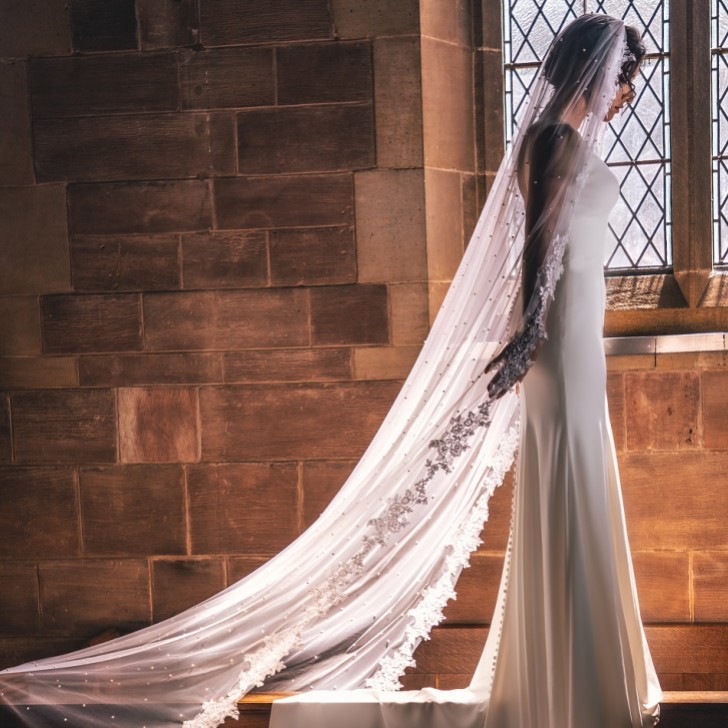 Perfect Bridal Ivory Single Tier Pearl Cathedral Veil with Floral Lace Edge