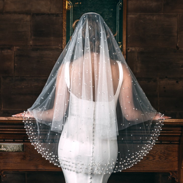 Perfect Bridal Ivory Two Tier Heavily Embellished Short Pearl Veil