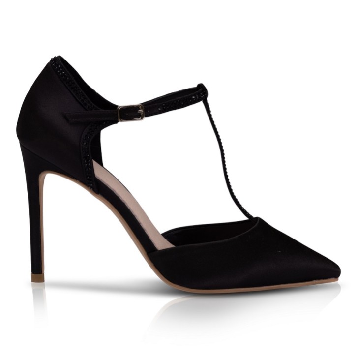 Perfect Bridal Jessica Scarpe con tacco alto in raso nero e diamante con barra a T