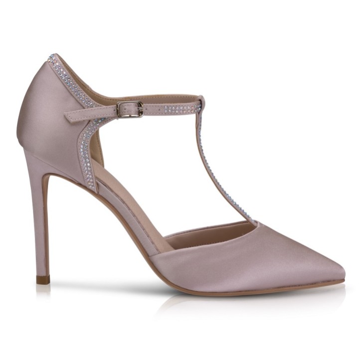 Perfect Bridal Jessica Taupe Satin High Heel Diamante T-Bar Schuhe