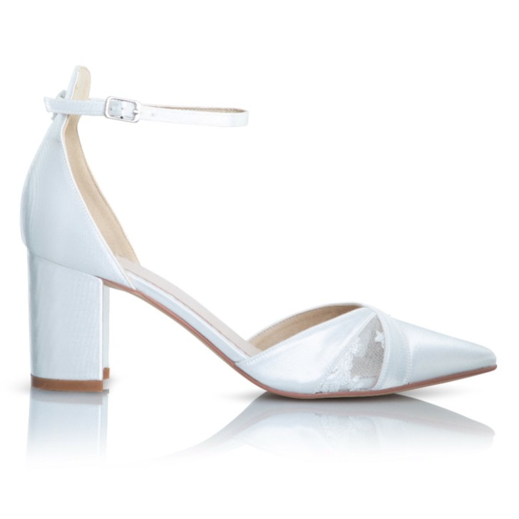 Perfect Bridal Kerry Dyeable Ivory Satin and Lace Block Heel Ankle Strap Court Shoes