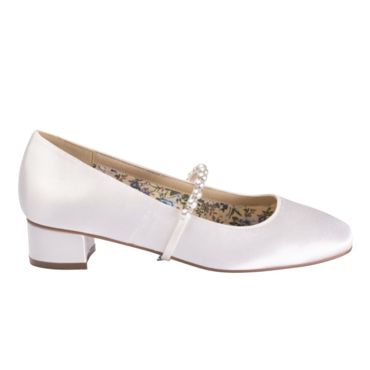 Perfect Bridal Kinsley Dyeable Ivory Satin Low Block Heels with Pearl Strap