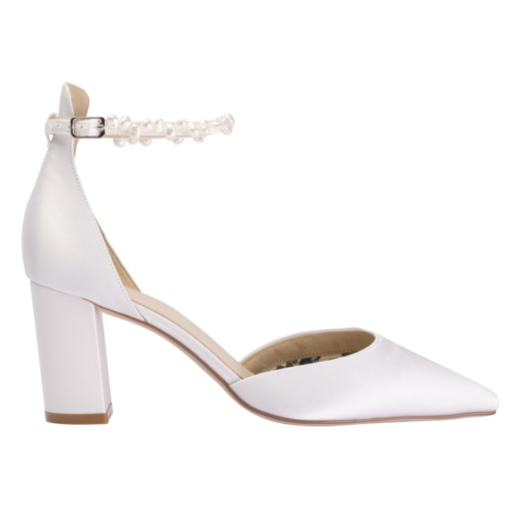 Perfect Bridal Liberty Avorio Raso Tacco a Blocco Keshi Perla Scarpe da Corte con Cinturino alla Caviglia (ST10)