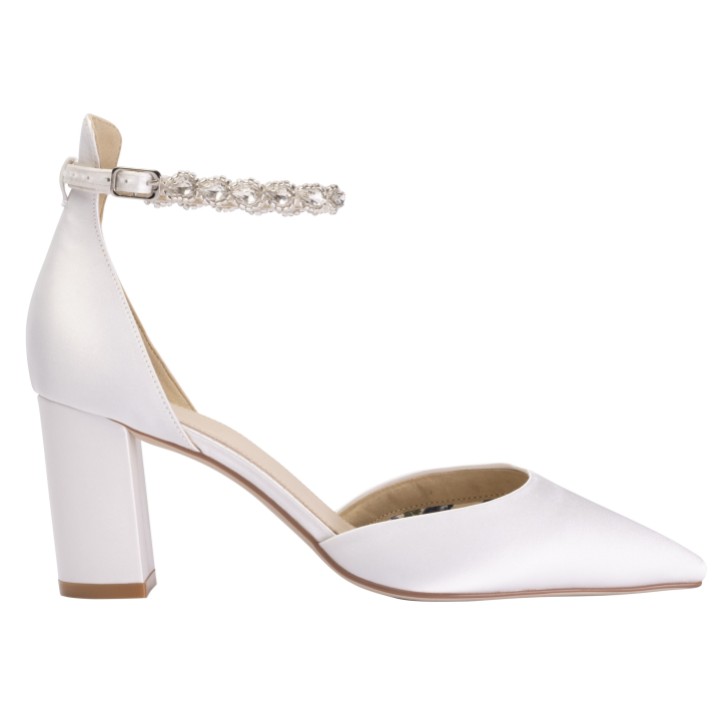 Perfect Bridal Liberty Ivory Satin Block Heel Teardrop Crystal Ankle Strap Court Shoes (ST08)