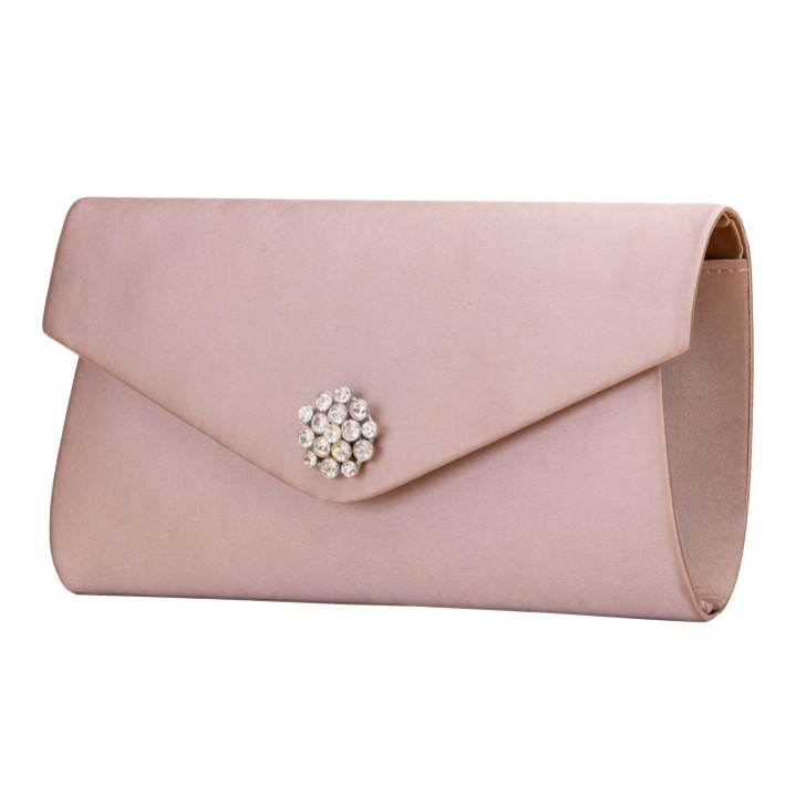 Perfect Bridal Melody Mocha Satin Diamante Brooch Envelope Clutch Bag
