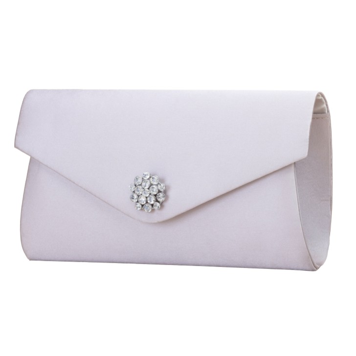Perfect Bridal Melody Silver Satin Diamante Brooch Envelope Clutch Bag