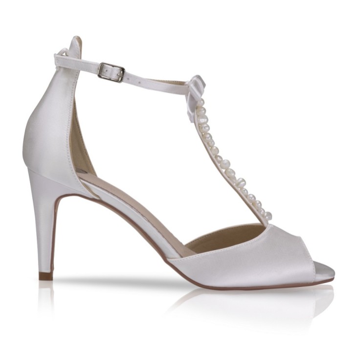 Perfect Bridal Morgan Dyeable Ivory Satin Keshi Pearl T-Bar Sandals with Bow Detail