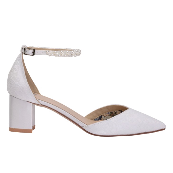 Perfect Bridal Natalie Ivory Lace Low Block Heel Pearl Ankle Strap Shoes