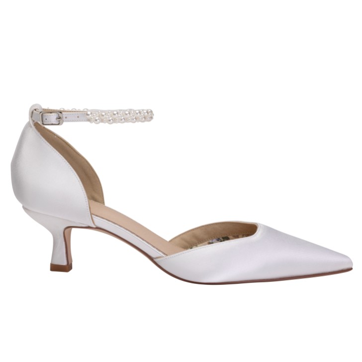 Perfect Bridal Pixie Dyeable Ivory Satin Pearl Ankle Strap Kitten Heels