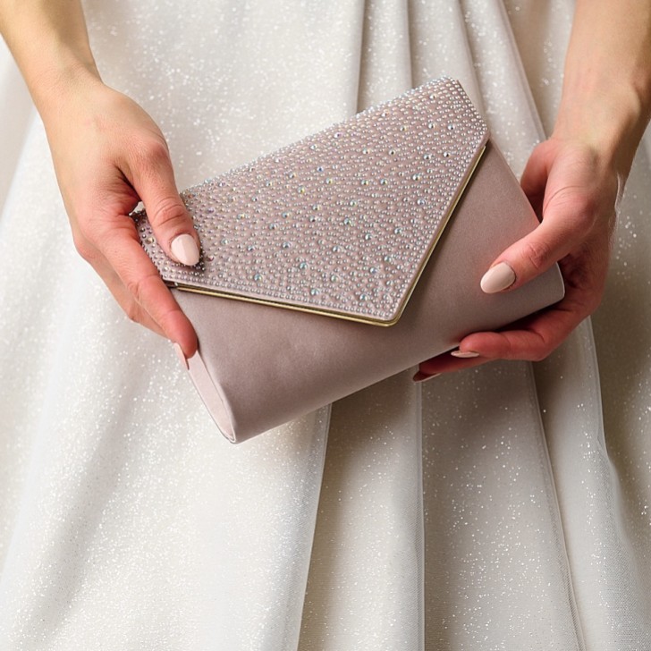 Perfect Bridal Pochette Anya in raso e diamanti color taupe