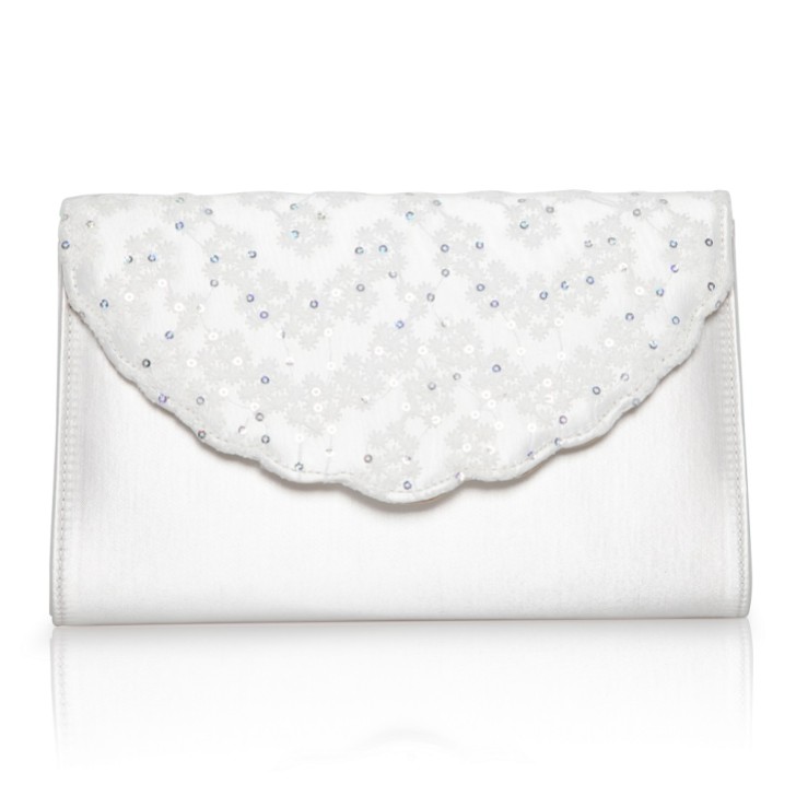 Perfect Bridal Pochette color noce moscata in raso e pizzo di paillettes avorio