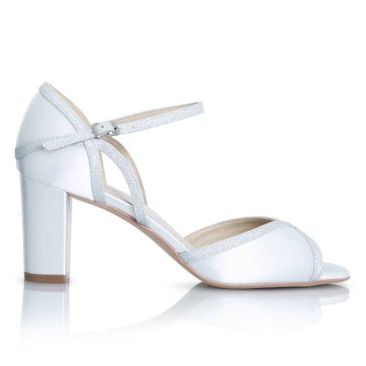 Perfect Bridal Sabrina Dyeable Ivory Satin and Silver Glitter Block Heel Sandals
