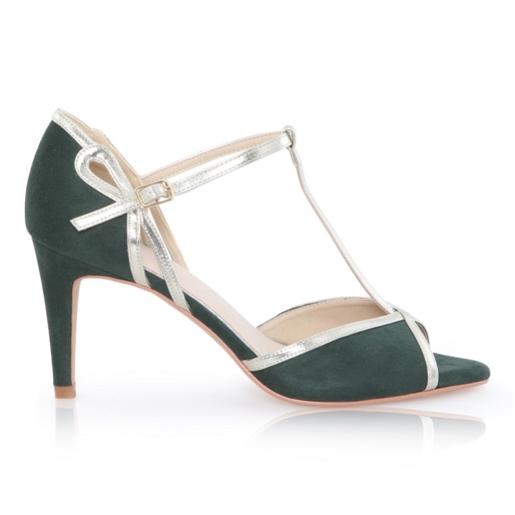 Perfect Bridal Scarpe Joanna in pelle scamosciata verde bosco e T-Bar oro