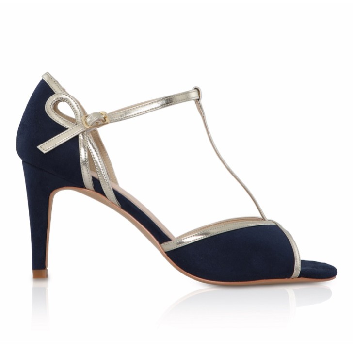 Perfect Bridal Scarpe Joanna Navy in pelle scamosciata e T-Bar oro