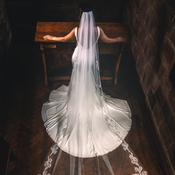 Perfect Bridal Velo da cattedrale in pizzo ornato avorio a un solo livello