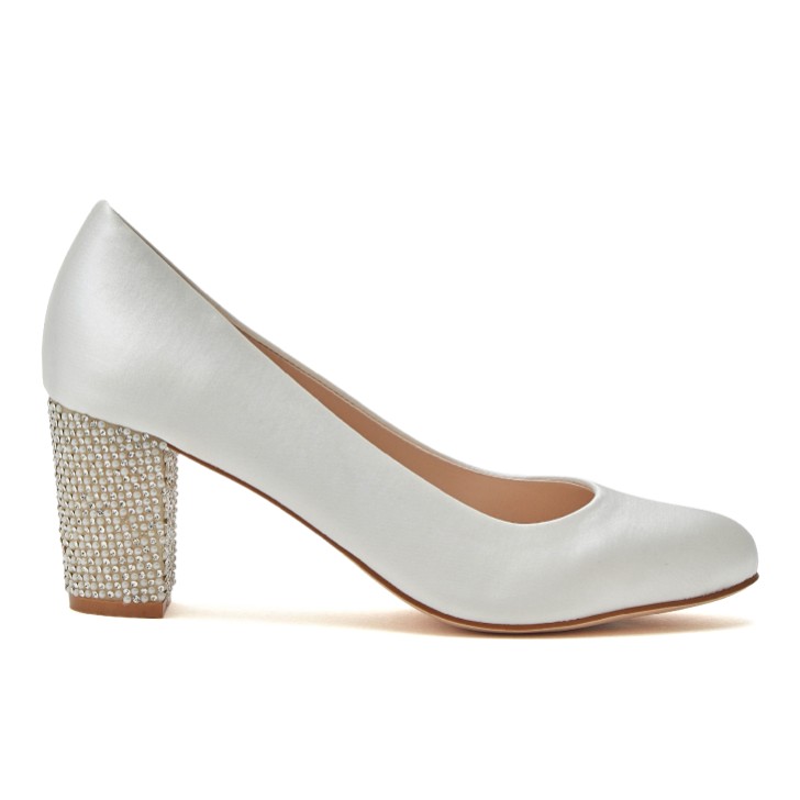 R Collection Eloise Ivory Satin Sparkly Block Heel Court Shoes
