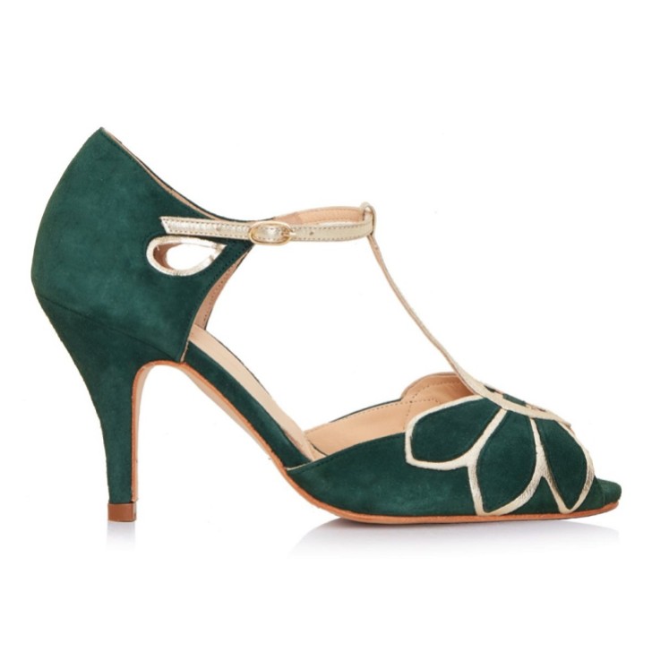 Rachel Simpson Mimosa - Scarpe T-Bar vintage in pelle scamosciata verde bosco