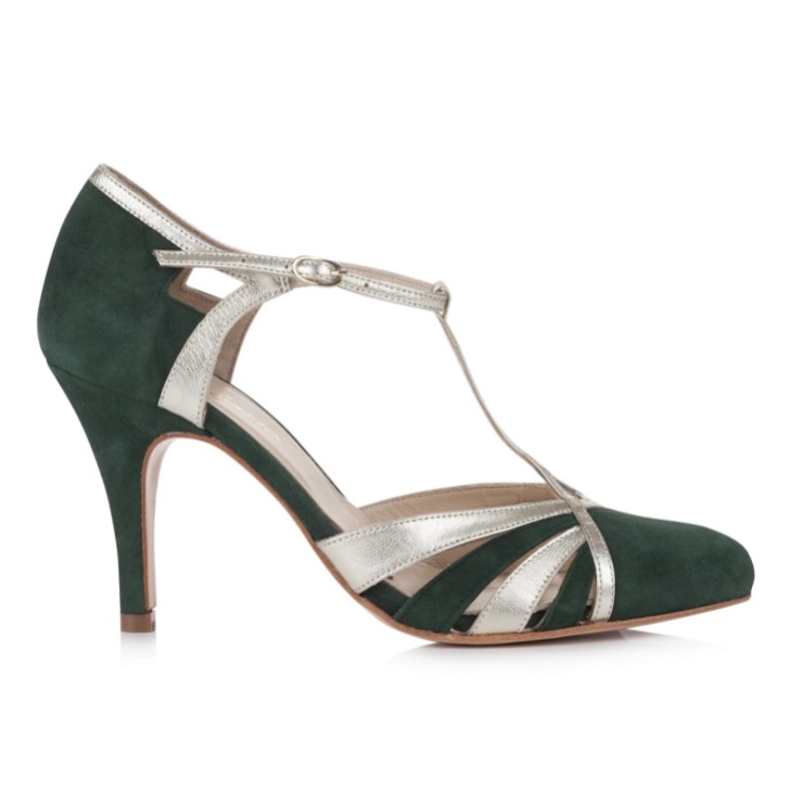 Rachel Simpson Paloma - Scarpe T-Bar vintage in pelle scamosciata verde bosco