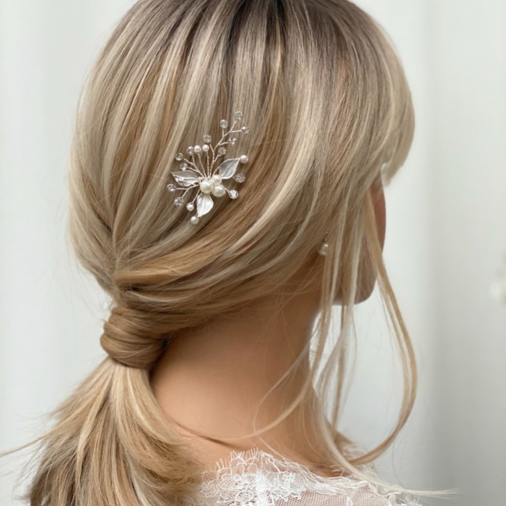 Romantik Perle und Kristall Silber Blätter Haarnadel