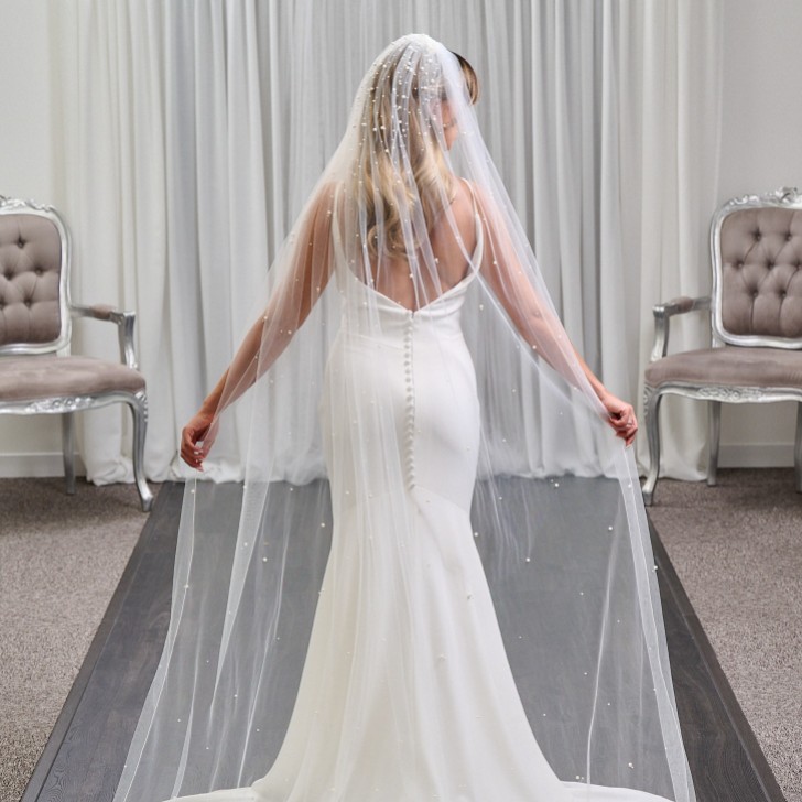 San Diego Ivory Single Tier Pearl Embellished Long Veil