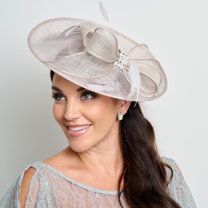Silver Grey Diamante Bow Large Sinamay Disk Wedding Fascinator