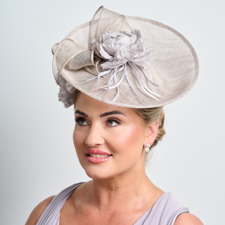 Silver Grey Floral Large Sinamay Disk Wedding Fascinator