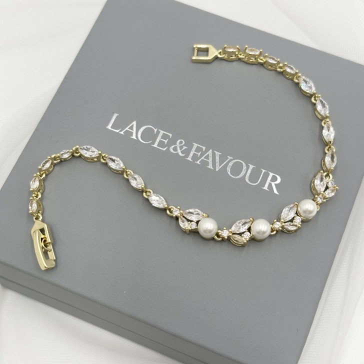 Tamara Gold Cubic Zirconia and Pearl Wedding Bracelet