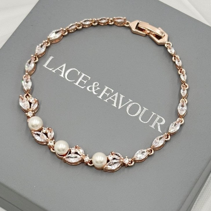 Tamara Rose Gold Cubic Zirkonia und Perle Hochzeitsarmband