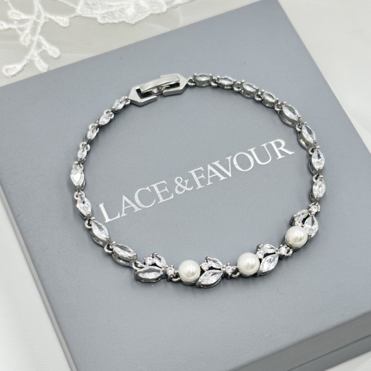Tamara Silber Cubic Zirkonia und Perle Hochzeitsarmband