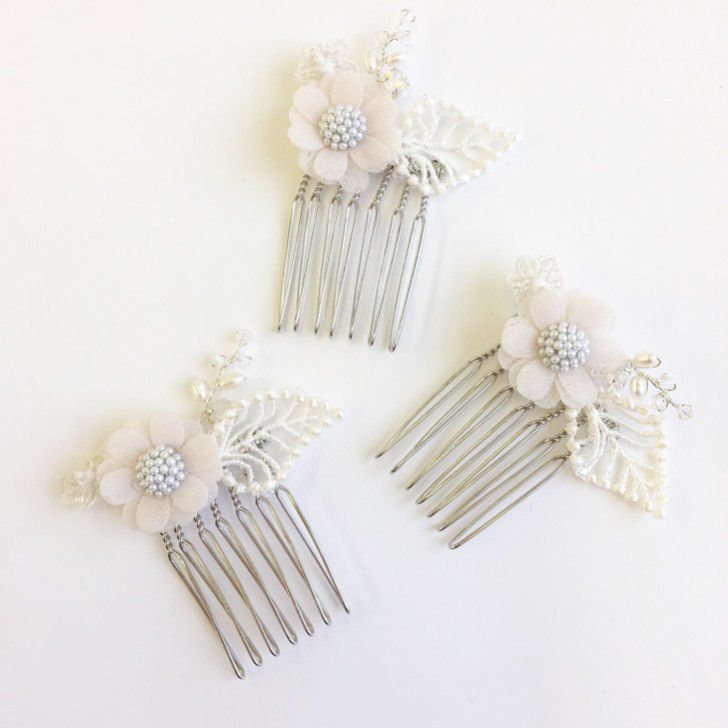Tara Set of 3 Ivory and Blush Flower Mini Combs