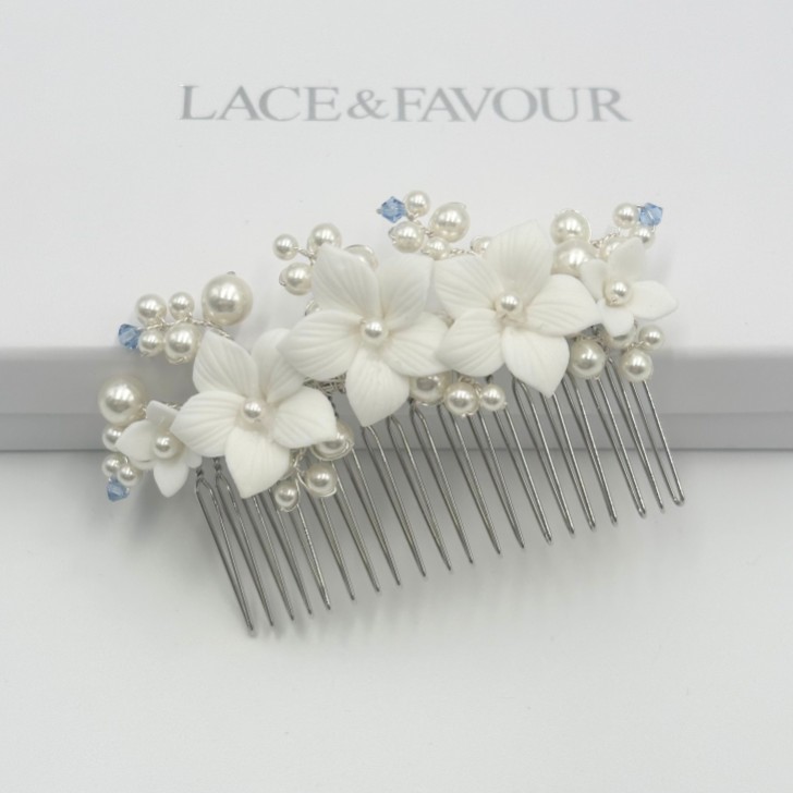 Tiffany Pearl and Light Sapphire Crystal Floral Hair Comb