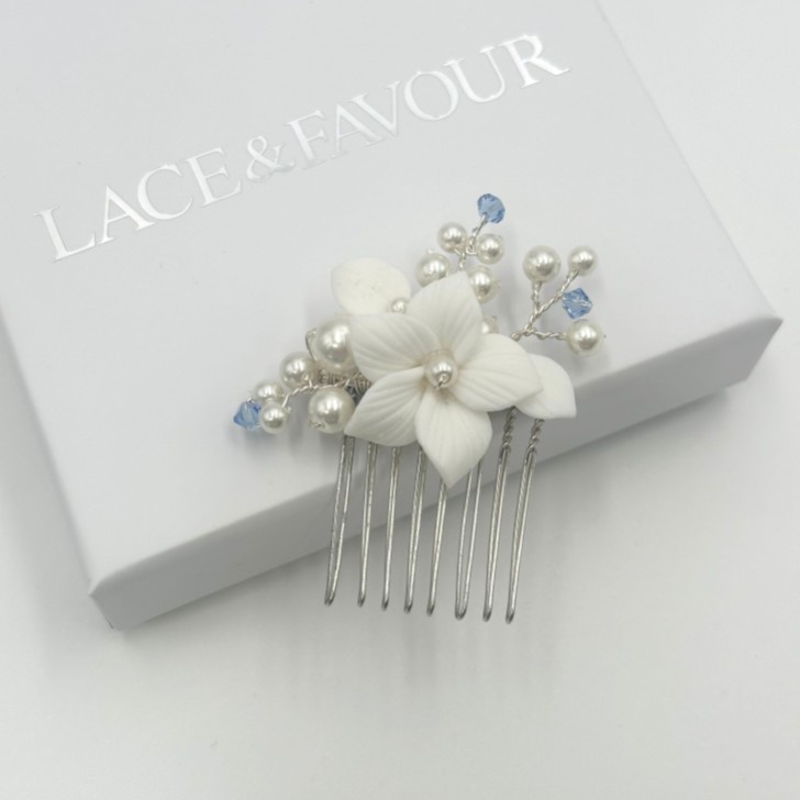 Tiffany Pearl and Light Sapphire Crystal Floral Mini Comb