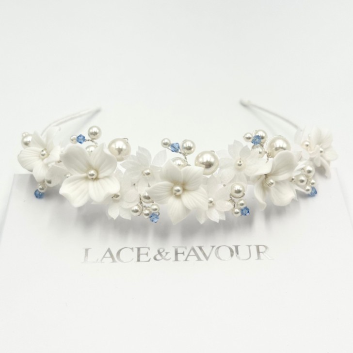 Tiffany Pearl and Light Sapphire Crystal Floral Tiara