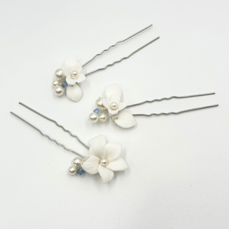 Tiffany Set of 3 Pearl and Light Sapphire Crystal Floral Hair Pins