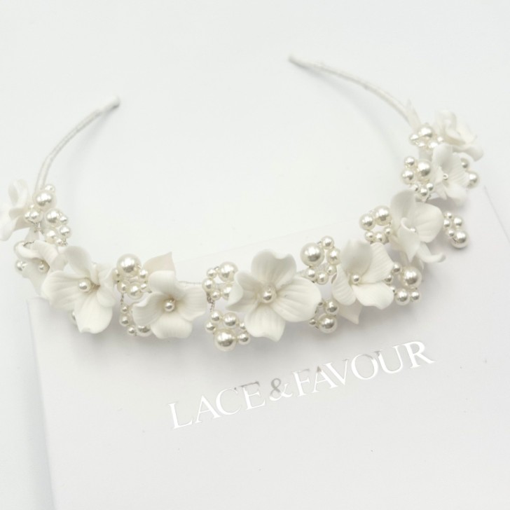 Trinity Ivory Ceramic Flower and Pearl Wedding Headband