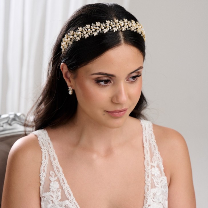 Tuscany Gold Crystal Leaves and Pearl Wedding Headband