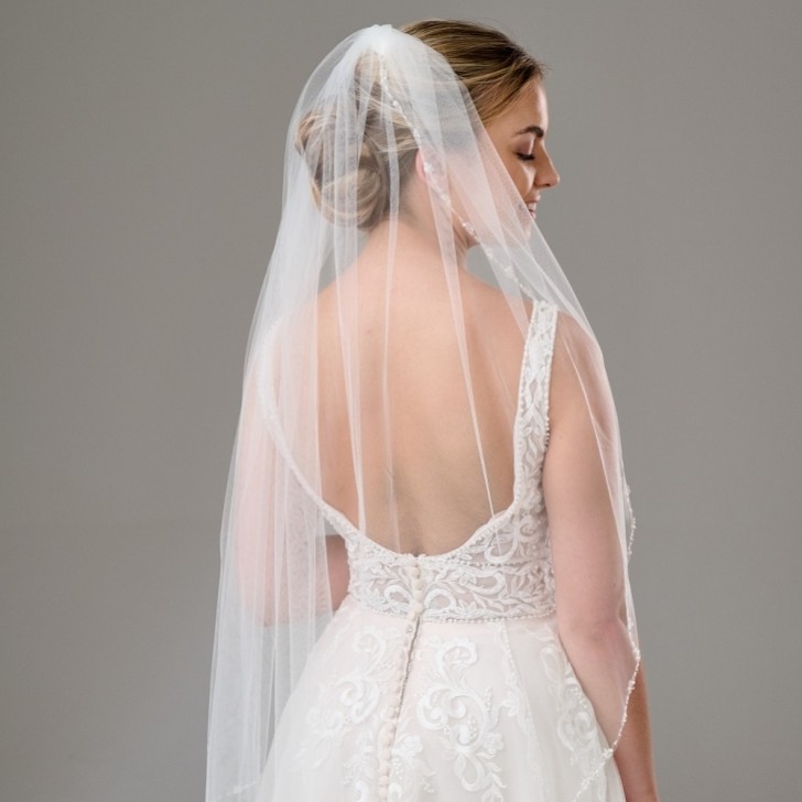 Voile de mariée Arlington à un seul étage, bordé de perles et de paillettes