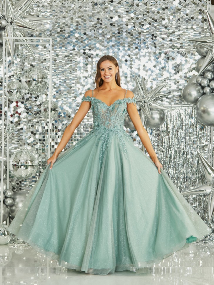 Abito da ballo scintillante in pizzo verde salvia Tiffanys Roxy Off The Shoulder Prom Dress