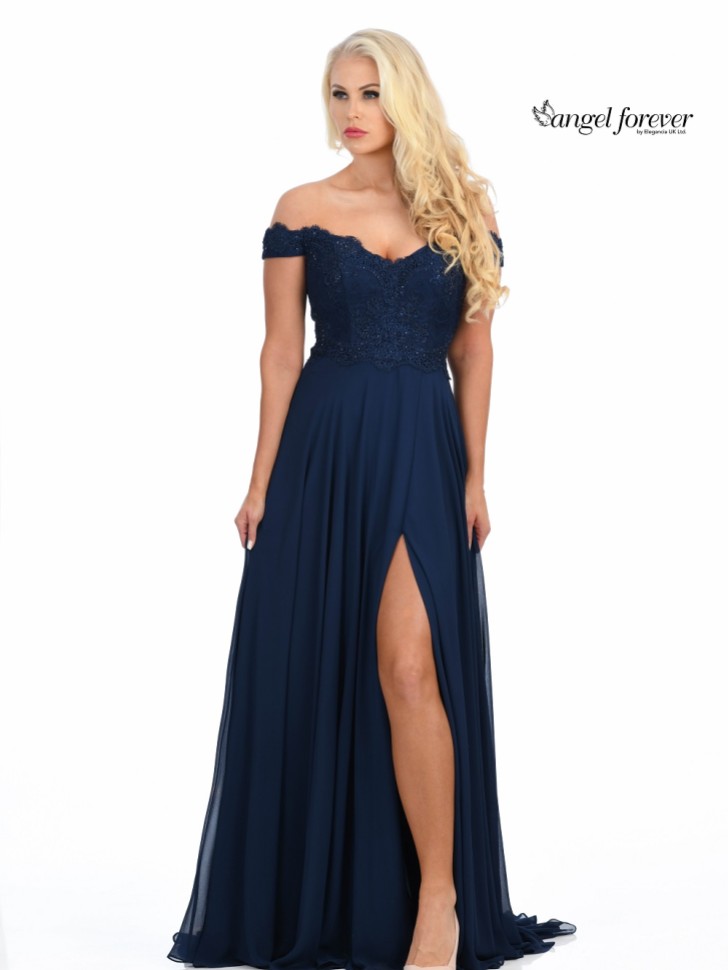 Angel Forever Abito da ballo in chiffon con corpetto in pizzo (Navy)