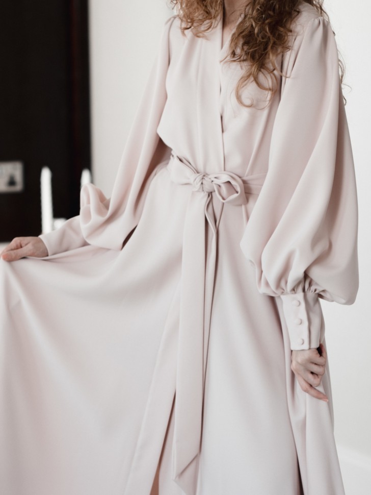 Arianna Emmeline Long Crepe Blouson Sleeve Robe (Blush)