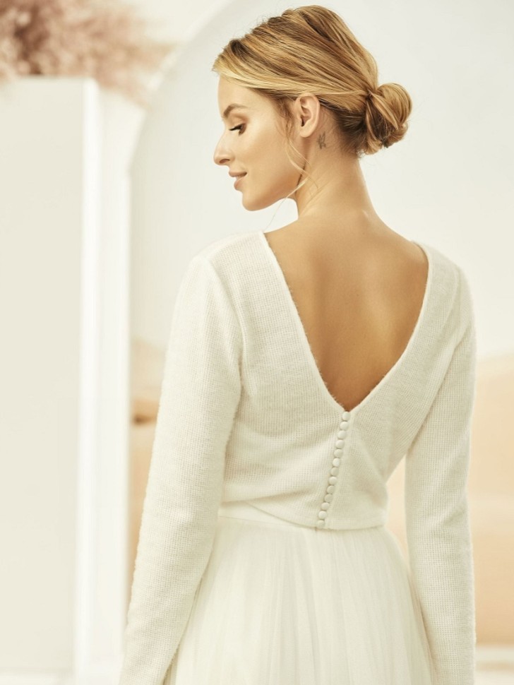 Bianco Avorio Maglia a V posteriore con maniche lunghe da sposa E326