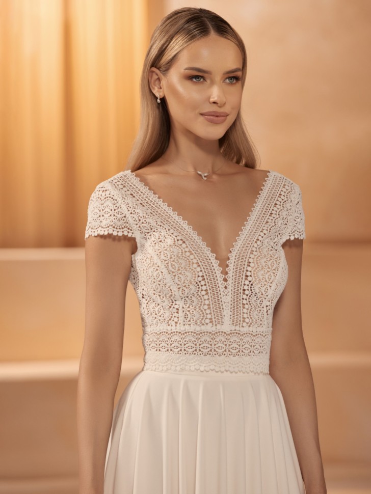 Bianco Avorio Top da sposa con manica a cappuccio in pizzo boho E436