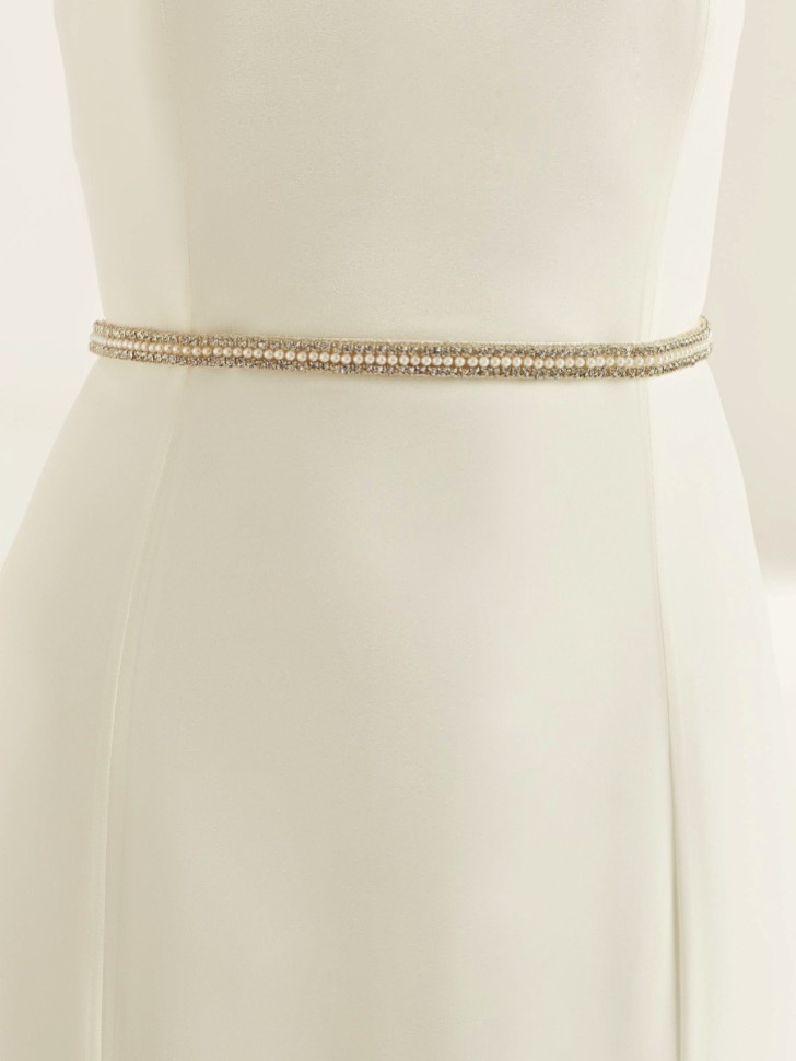 Bianco - Ceinture de mariage étroite en satin avec perles et diamants