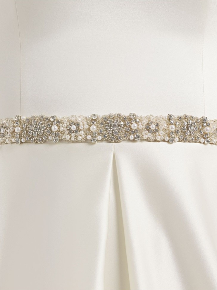 Bianco Crystal and Pearl Embellished Satin Dress Belt