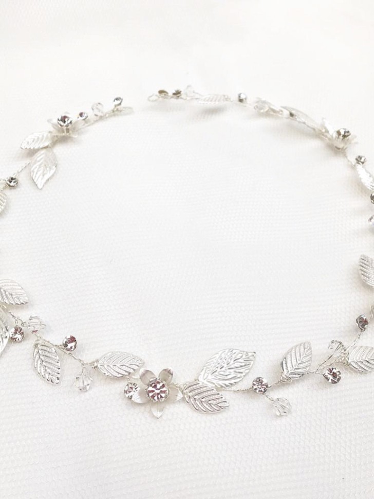 Bianco Silver Leaves and Crystal Flowers Bridal Halo 2706
