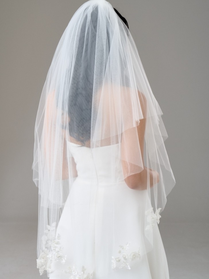 Bloomington Ivory Two Tier Cut Edge Veil with Floral Motifs