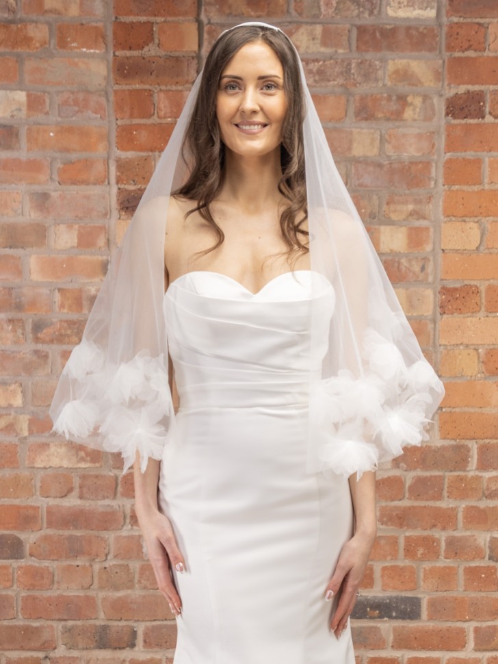 Perfect Bridal Ivory Two Tier 3D Flowers Edge Fingertip Veil